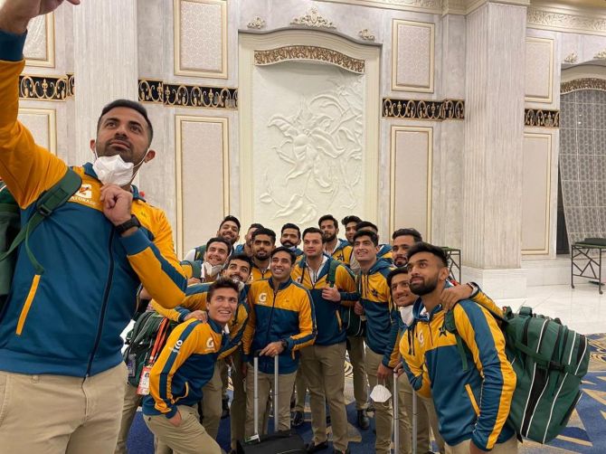 Pakistan players take a selfie before heading out to New Zealand on Sunday