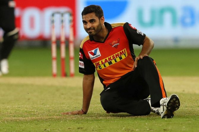 Bhuvneshwar Kumar of Sunrisers Hyderabad grimaces after suffering a groin injury while bowling the 19th over. After delivering the first bowl of the 19th over, Bhuvi looked in pain and failed to continue.