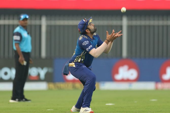 Rohit Sharma takes the catch to dismiss  Abdul Samad.