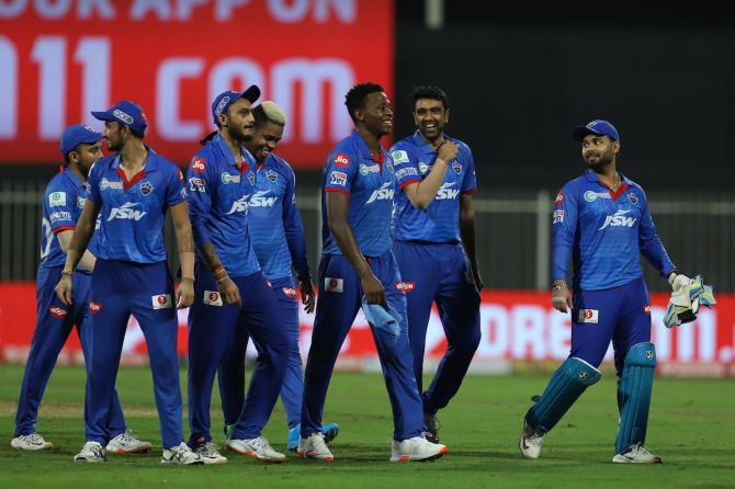 Delhi Capitals players are all smiles after defeating Rajasthan Royals in the Indian Premier League match in Sharjah on Friday.
