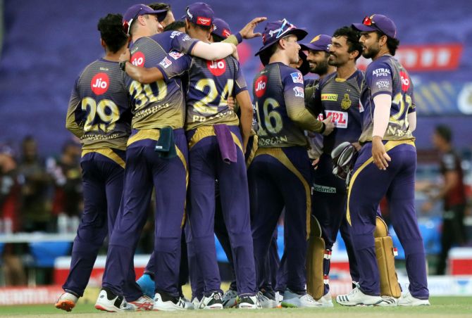 Kolkata Knight Riders celebrate winning the match against Kings XI Punjab