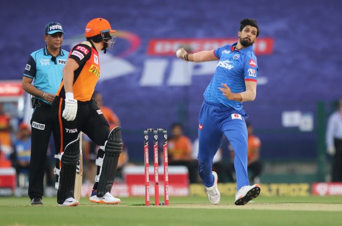 Delhi Capitals pacer Ishant Sharma bowls during the Indian Premier League match against Sunrisers Hyderabad