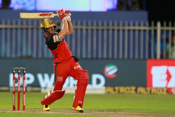 Royal Challengers Bangalore batsman AB de Villiers sends one of the six sixes he hit into the stands during Kolkata Knight Riders in Monday's IPL match in Sharjah. 