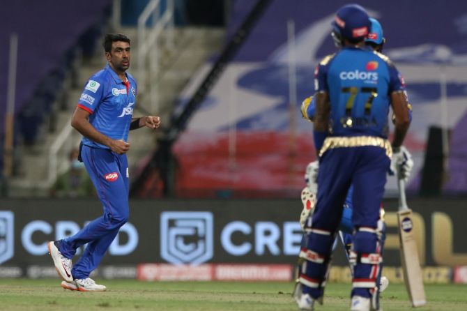 Delhi Capitals spinner Ravichandran Ashwin celebrates after dismissing Mumbai Indians batsman Quinton de Kock