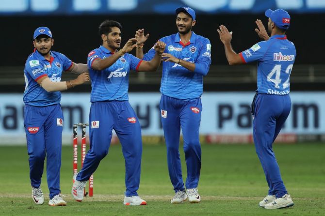 Delhi Capitals' Tushar Deshpande celebrates the wicket of Rajasthan Royals' Ben Stokes
