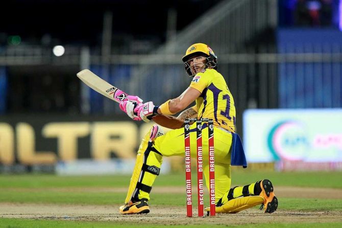 Faf du Plessis of Chennai Superkings in action against Delhi Capitals at the Sharjah Cricket Stadium