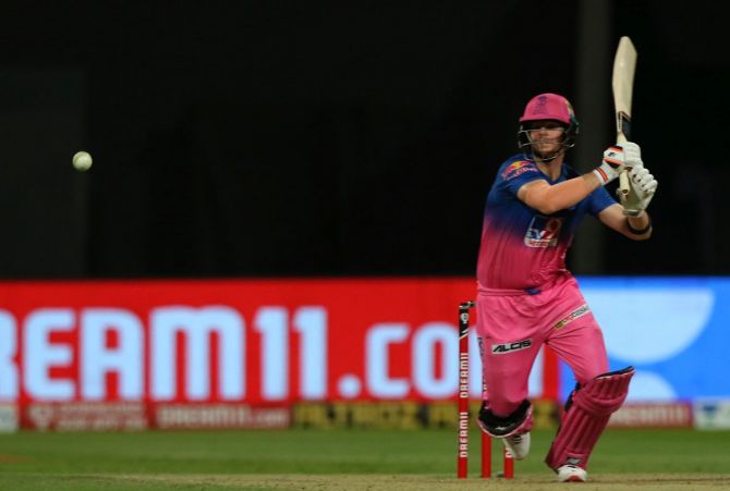 Steve Smith bats during the match against CSK on Monday. Rajasthan was 28/3 at one stage but Jos Buttler and Smith put together an unbeaten stand of 98 runs to take their side over the line.