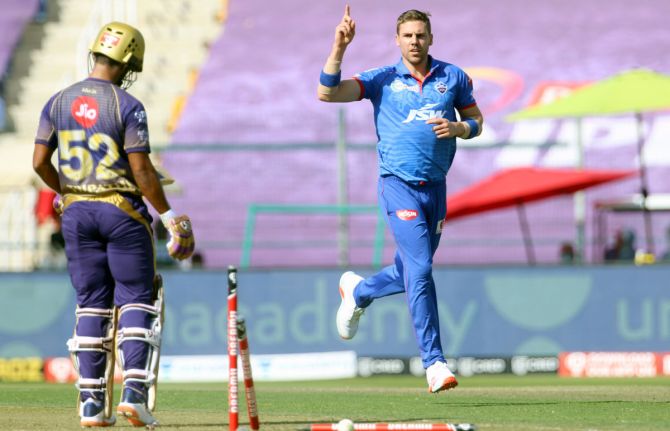 Anrich Nortje celebrates after clean bowling Rahul Tripathi 