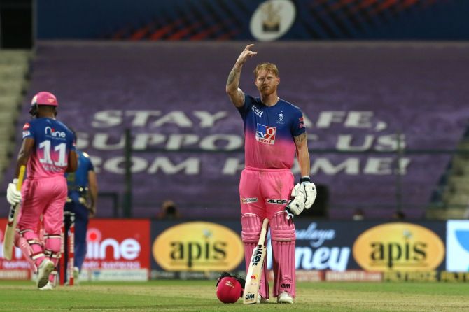 Rajasthan Royals batsman Ben Stokes waves to the dressing droom after his hundred against Mumbai Indians