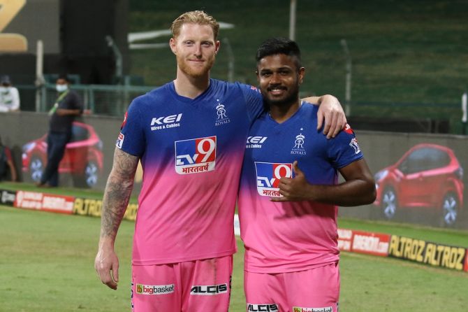 Rajasthan Royals batsmen Ben Stokes and Sanju Samson pose for the cameras after their match-winning knock against Mumbai Indians in the the IPL match in Abu Dhabi on Sunday