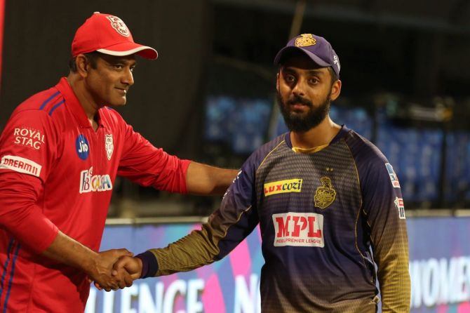 Anil Kumble, Director of cricket operations of Kings XI Punjab congratulates KKR's Varun Chakaravarthy on his inclusion in the Indian T20I squad on Monday. 