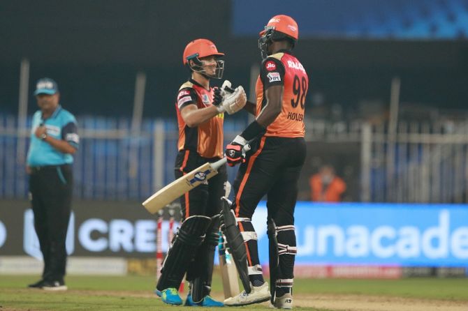 Sunrisers Hyderabad's Jason Holder and Abdul Samad celebrates after clinching victory over Royal Challengers Bangalore