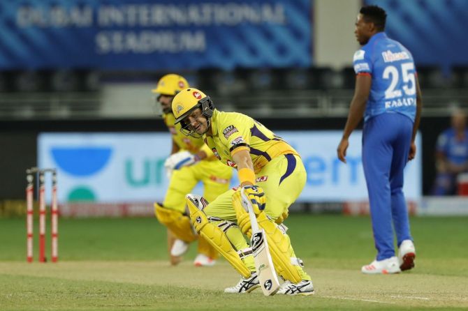 CSK's openers Shane Watson and M Vijay run between the wickets