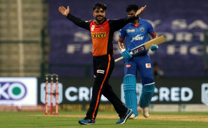 Rashid Khan celebrates the wicket of Delhi Capitals captain Shreyas Iyer