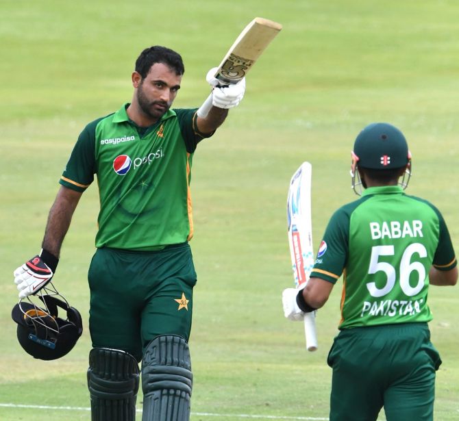 Pakistan's Fakhar Zaman celebrates his hundred during the third ODI against South Africa