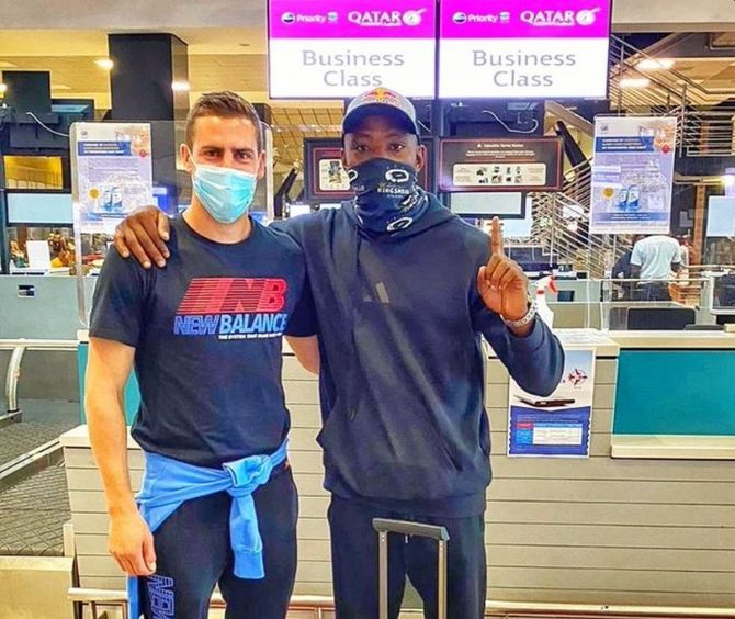 South Africa and Delhi Capitals' bowlers Anrich Nortje and Kagiso Rabada landed in Mumbai on Wednesday for the Indian Premier League