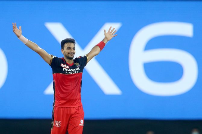 Harshal Patel celebrates the wicket of Macro Jansen