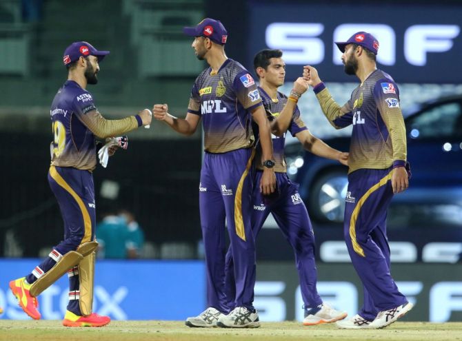Kolkata Knight Riders players celebrate after their victory over Sunrisers Hyderabad in Chennai on Sunday