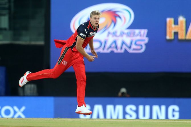 Royal Challengers Bangalore pacer Kyle Jamieson bowls during the IPL match against Mumbai Indians at the M. A. Chidambaram Stadium, in Chennai,  April 9, 2021.
