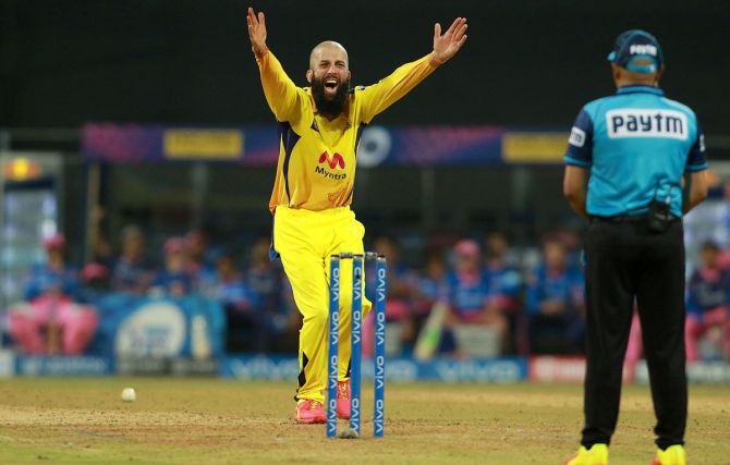 Moeen Ali appeals successfully for the wicket of David Miller