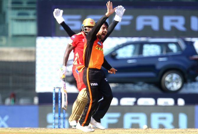 Rashid Khan celebrates the wicket of Chris Gayle