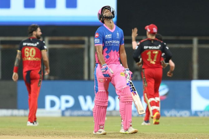 Rajasthan Royals' Shivam Dube is dejected after his dismissal