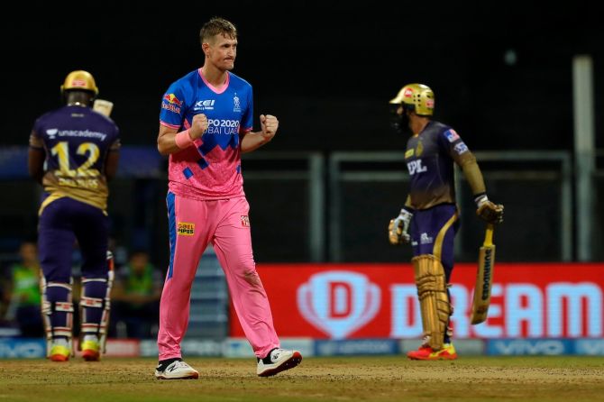 Rajasthan Royals pacer Chris Morris celebrates after dismissing Kolkata Knight Riders batsman Andre Russell during the IPL match, in Mumbai, on Saturday.