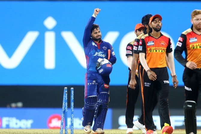 Captain Rishabh Pant celebrates after clinching victory over SunRisers Hyderabad via the Super Over in the IPL match, in Chennai, on Sunday.