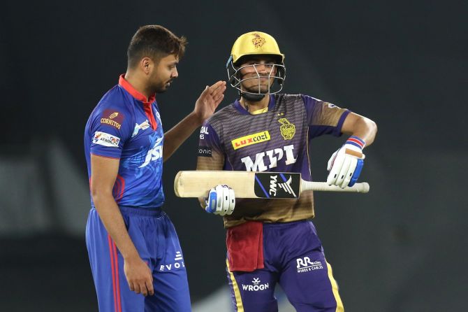 Delhi Capitals pacer Avesh Khan gives Shubman Gill a pat on the back for his gusty knock after dismissing him.