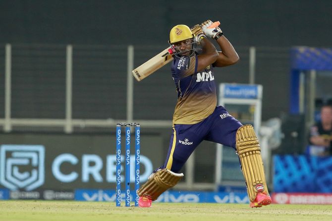Andre Russell hit a four sixes in his 27-ball 45 to enable Kolkata Knight Riders put up a fighting total against Delhi Capitals in the IPL match in Ahmedabad on Thursday.