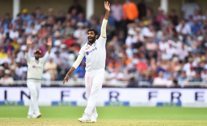 Jasprit Bumrah successfully appeals for the wicket of Stuart Broad