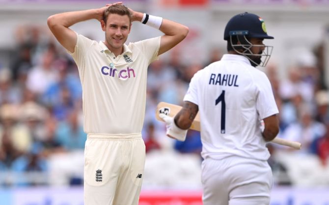 England bowler Stuart Broad reacts after a close call against K L Rahul. 