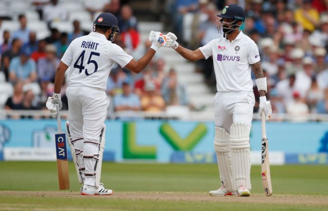 India's Rohit Sharma and K L Rahul celebrate a boundary during their partnership on Day 2 of the first Test against England, at Trent Bridge, Nottingham, on Thursday. 
