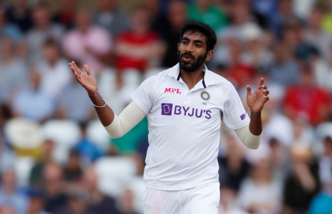 India pacer Jasprit Bumrah reacts after Virat Kohli fails to hold on to a catch off England's Joe Root, on Day 4 of the first Test at Trent Bridge, Nottingham, on Saturday.