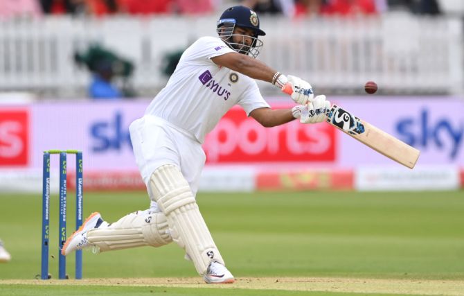 India's Rishabh Pant hits England pacer James Anderson to the boundary in the morning session on Day 2 of the second Test, at Lord's Cricket Ground, on Friday.