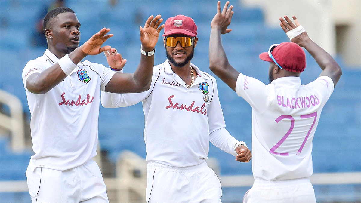 West Indies' pacer Jayden Seales celebrates a wicket on Day 1 of the 1st Test against Pakistan in Kingston on Thursday