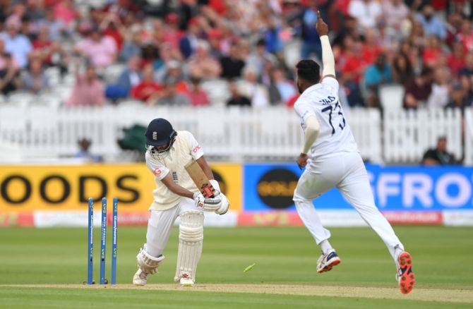 England batsman Haseeb Hameed is bowled first ball by Mohammed Siraj.