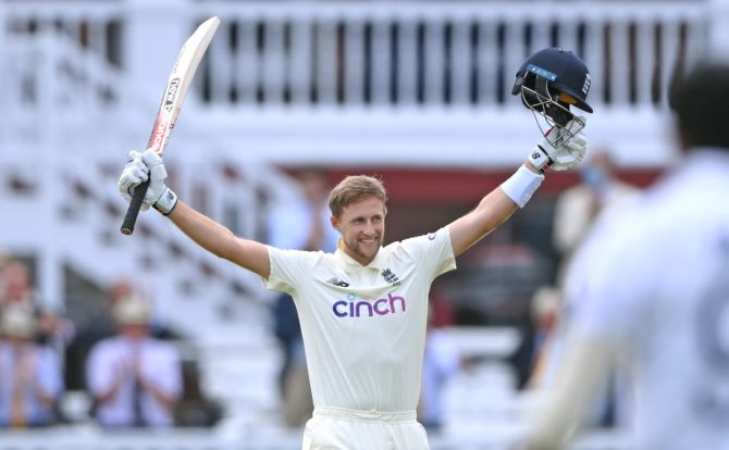 England's Joe Root celebrates scoring 100 during Day 3 of the second Test against India, at Lord's Cricket Ground, on Saturday.