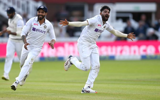 India pacer Mohammed Siraj celebrates dismissing Sam Curran during Day 5 of the second Test, at Lord's Cricket Ground, on Monday.