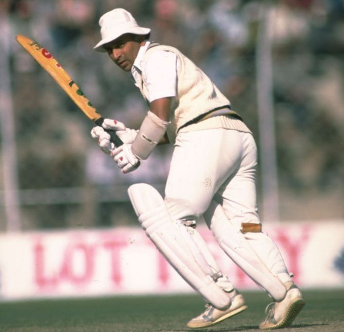 Sunil Gavaskar flicks to leg during the second Test against England in Delhi, December 1984. 