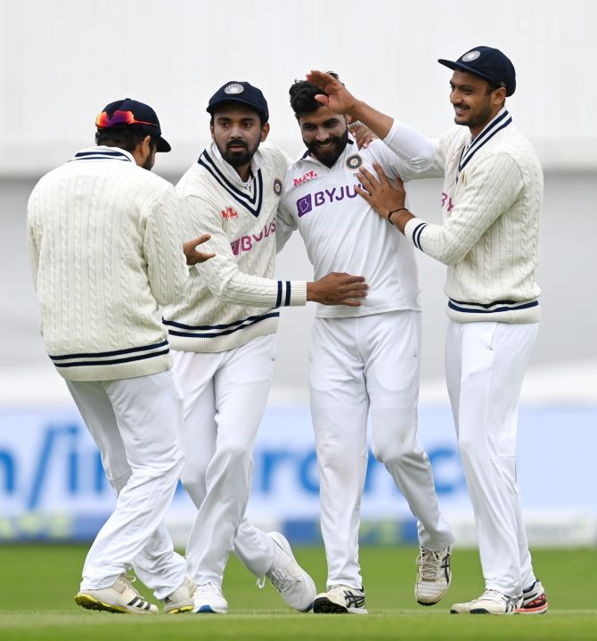 Ravindra Jadeja is congratulated by his India teammates after dismissing England opener Haseeb Hameed during Day 2 of the third Test, at Emerald Headingley stadium in Leeds, England, on Thursday.