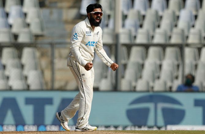 Ajaz Patel celebrates after dismissing Mayank Agarwal in the second innings.
