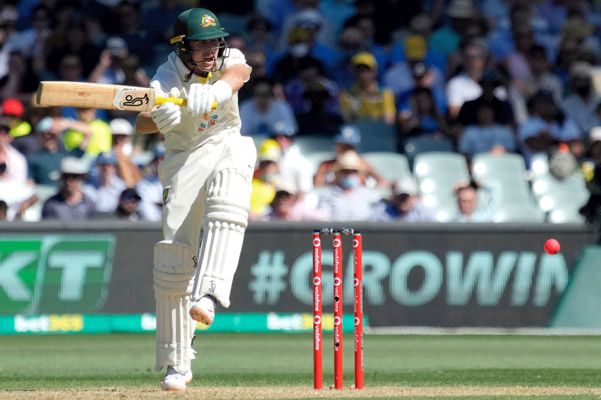 Australia's Marnus Labuschagne is hit in the ribs by a Ben Stokes delivery