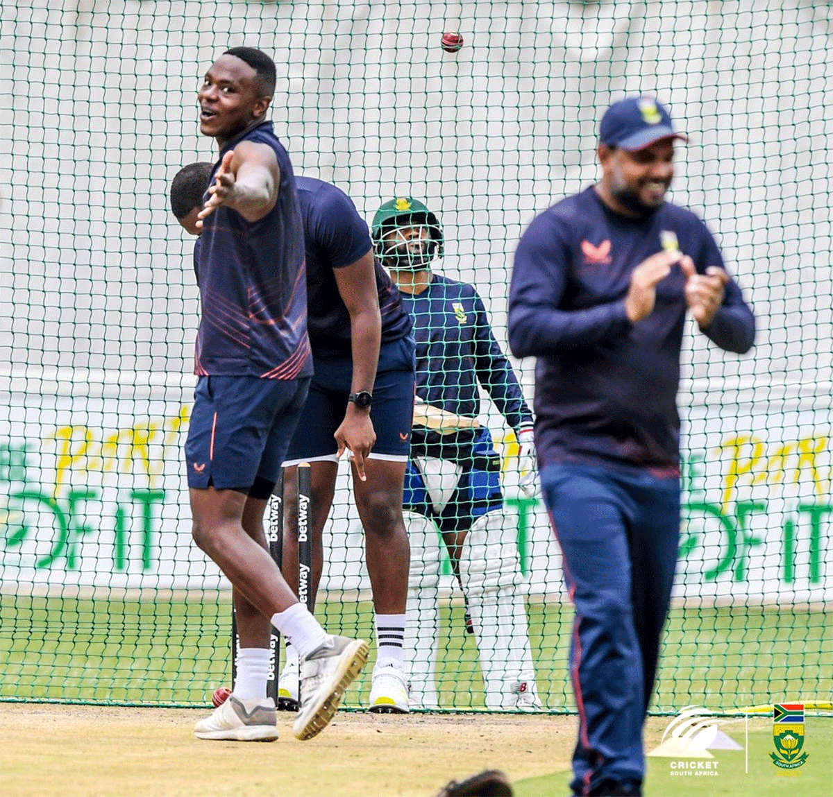 Kagiso Rabada is all smiles during a South Africa nets session