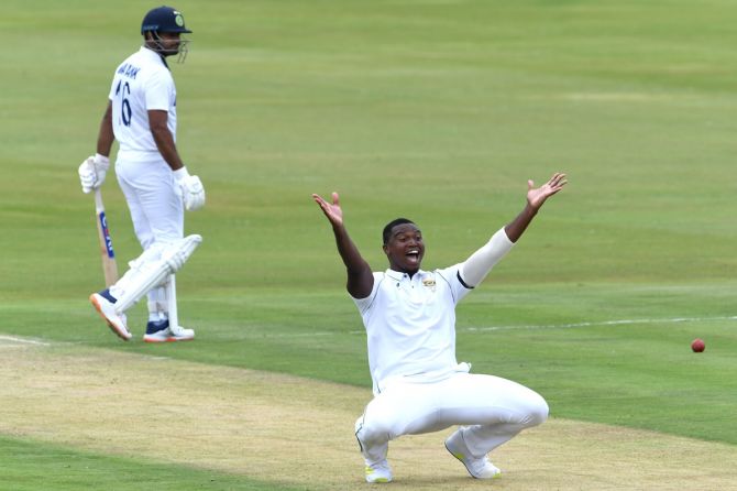 South Africa pacer Lungi Ngidi appeals for the wicket of India opener Mayank Agarwal during Day 1 of the first Test, at SuperSport Park in Centurion, on Sunday. 