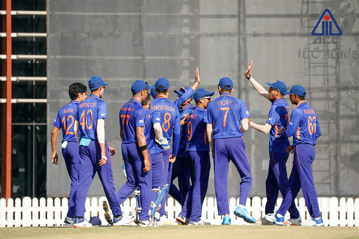 India Under-19 players celebrate a wicket during their Asia Cup U-19 match against Afghanistan in Dubai on Monday