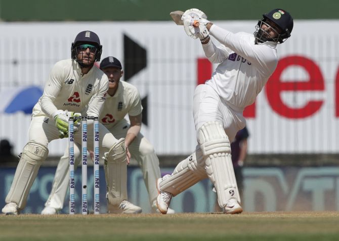Rishabh Pant hits a six during Day 3 of the first Test against England 