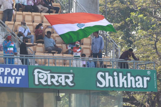 Sudhir Chaudhary, India's most passionate cricket fan, waves the tricolour at Chepauk