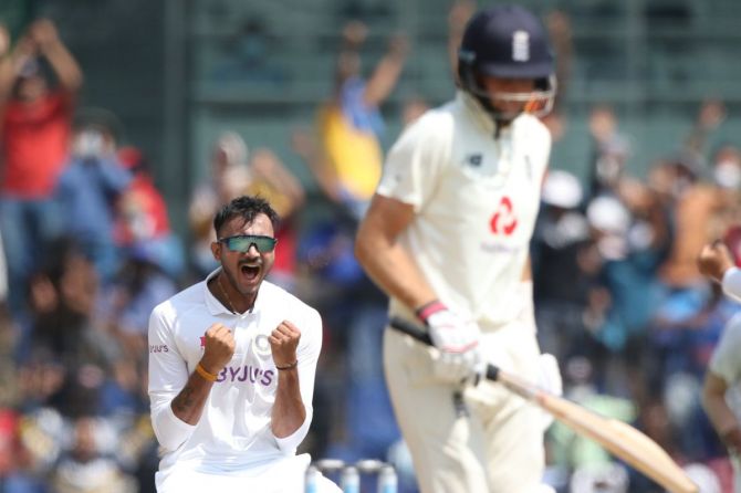 Axar Patel takes out Joe Root to get his first wicket in Test cricket on Sunday 