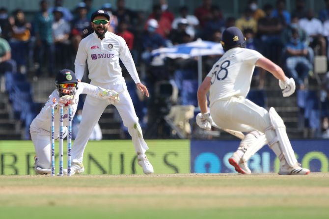 India’s wicketkeeper Rishabh Pant stumps Daniel Lawrence